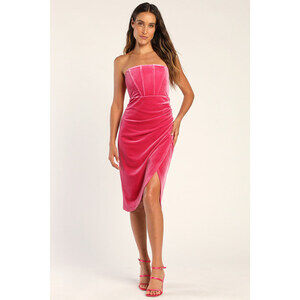 Lulus Glamorous Celebrations Hot Pink Velvet Strapless Tulip Dress - Size M